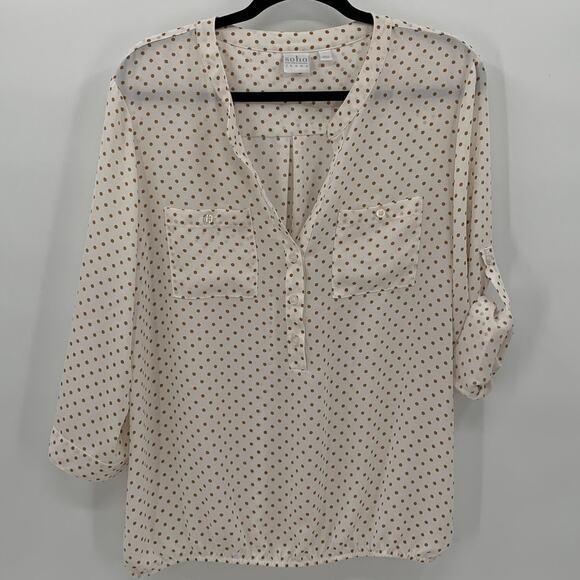 Soho New York & Co Womens Large Top 3/4 Roll Tab Sleeve Polka Dots Career Preppy - Picture 1 of 15